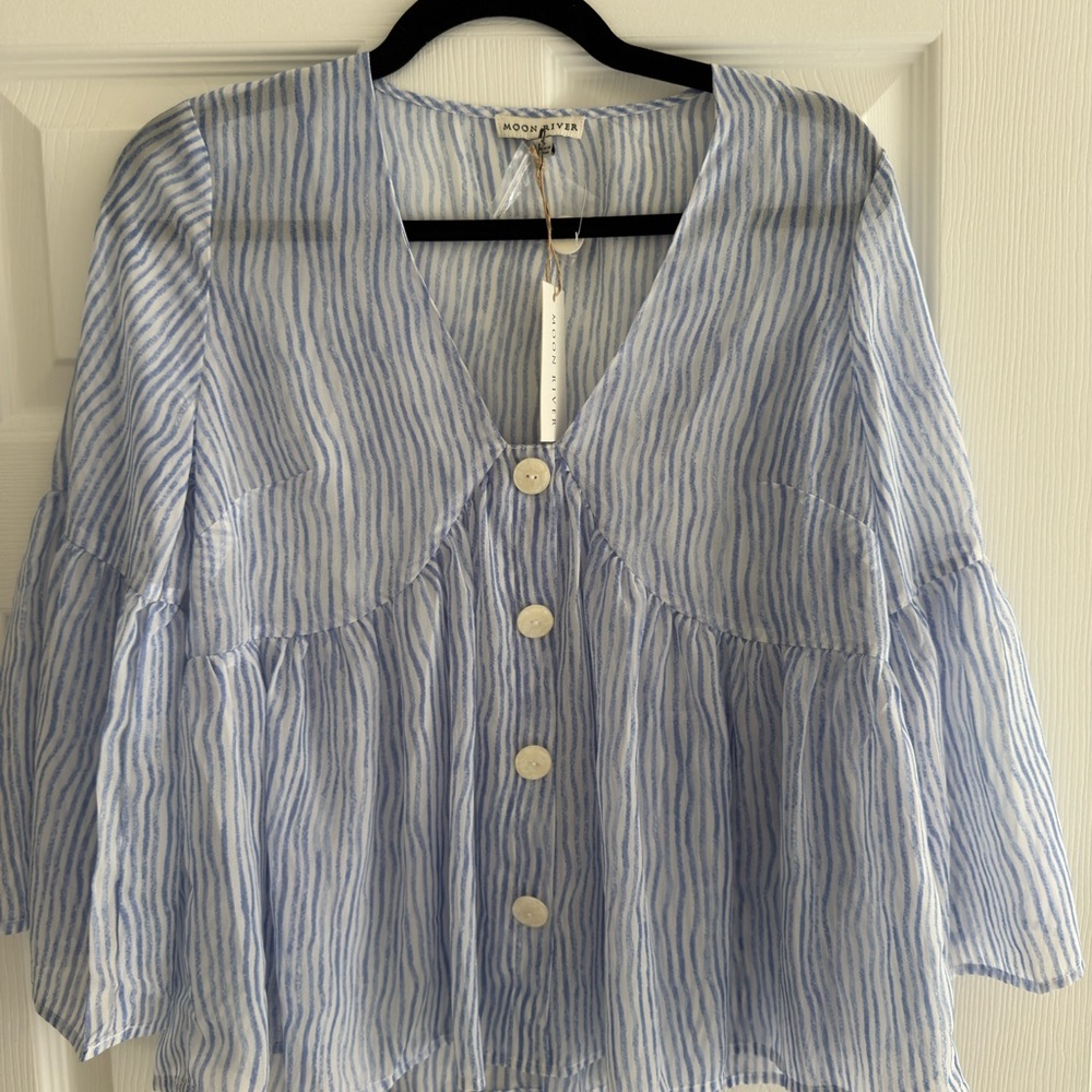 Moon River Striped Button-Down Blouse